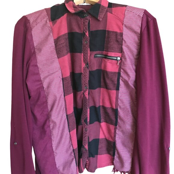Upcycled Patchwork Flannel Shirt, Size M: Mixed Print Button-Down Magenta Blouse - Picture 9 of 11